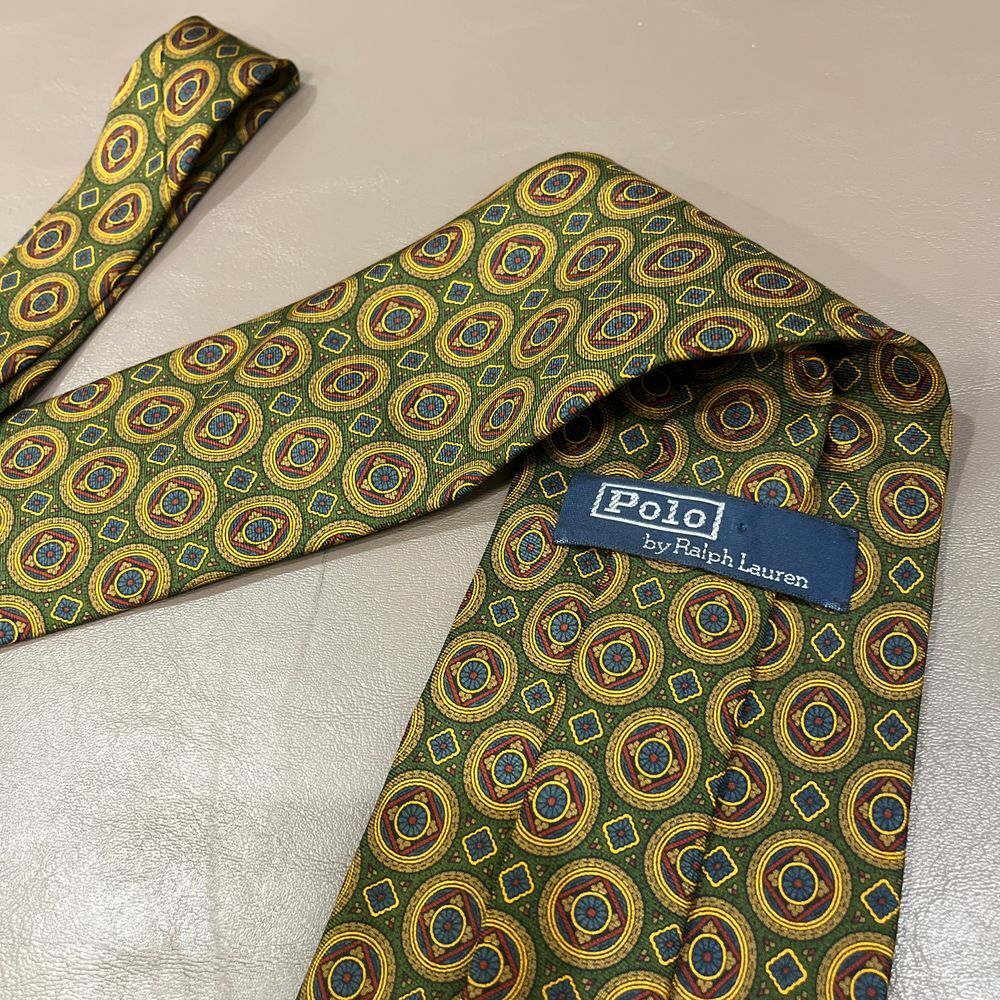 Polo Ralph Lauren Vintage Geometric Circle Print Silk Tie in Green and Gold - Picture 5 of 12